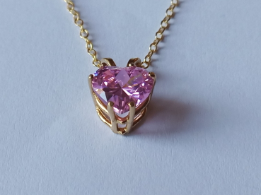 gold plated silver chain with 10 mm pink zirconia heart pendant-anchor chain 45 cm--